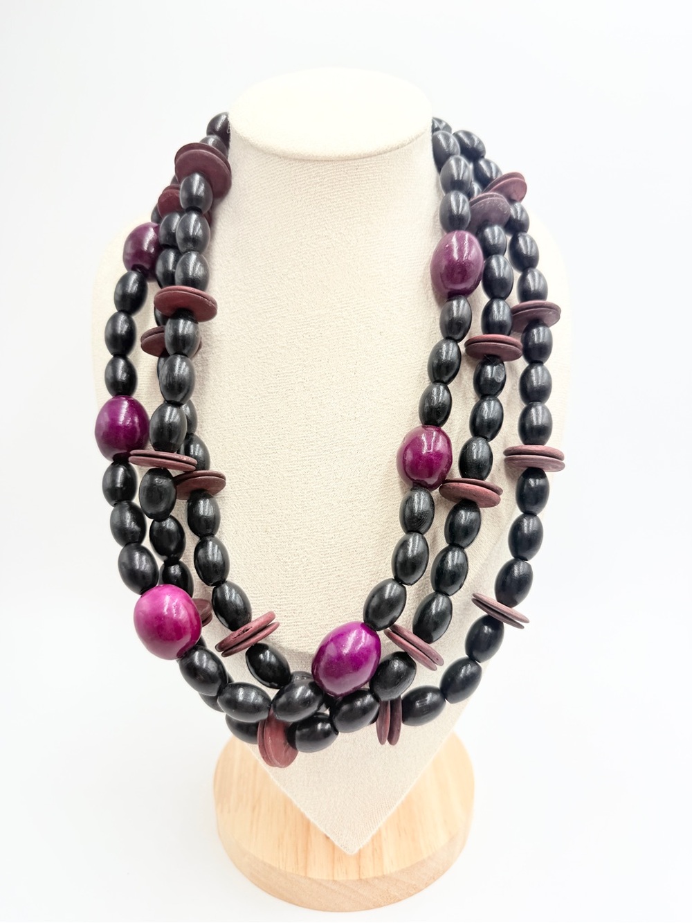 Vintage Multi-Strand Wooden Bead Statement Necklace Purple & Black